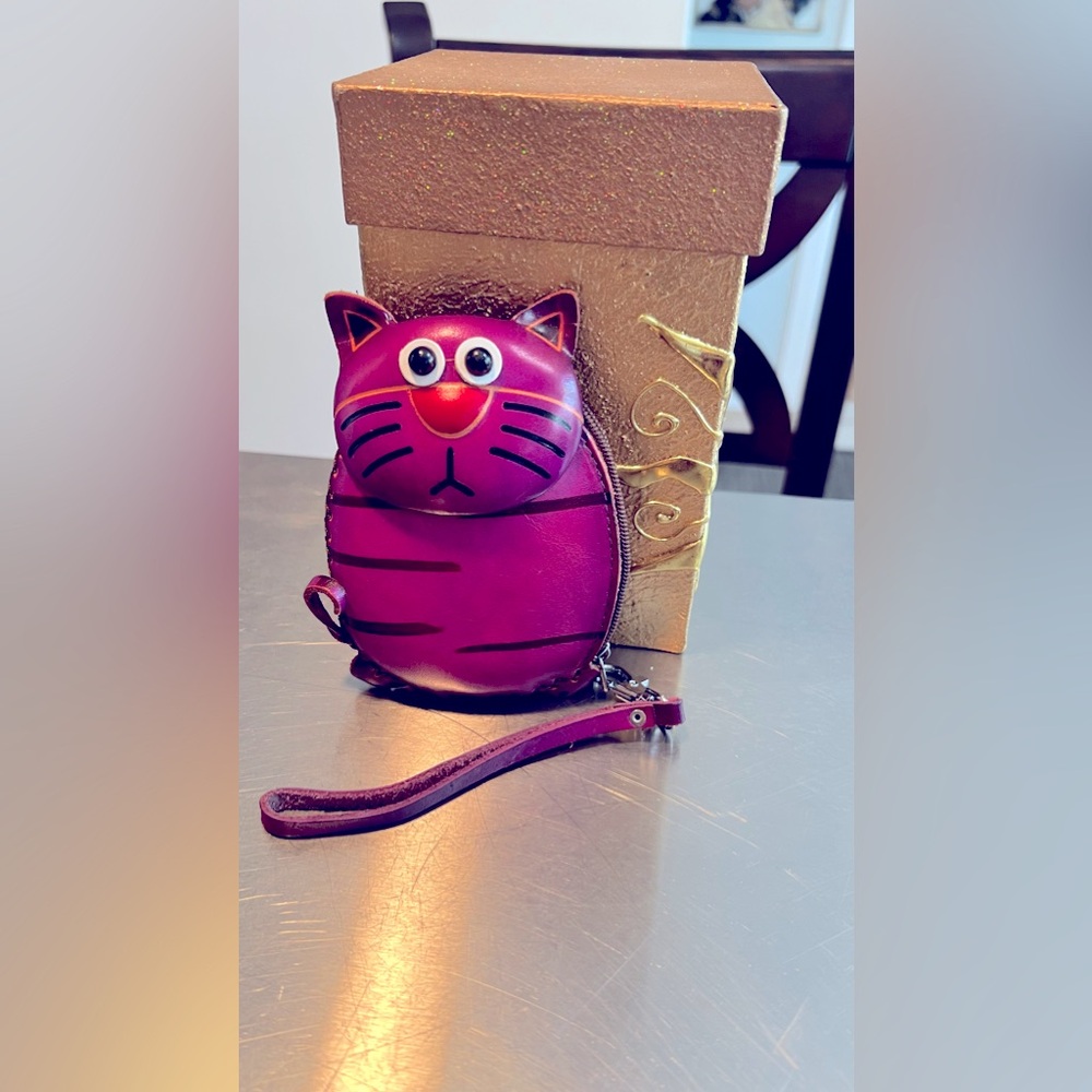 Purple leather cat wristlet wallet coin case key holder bag charm